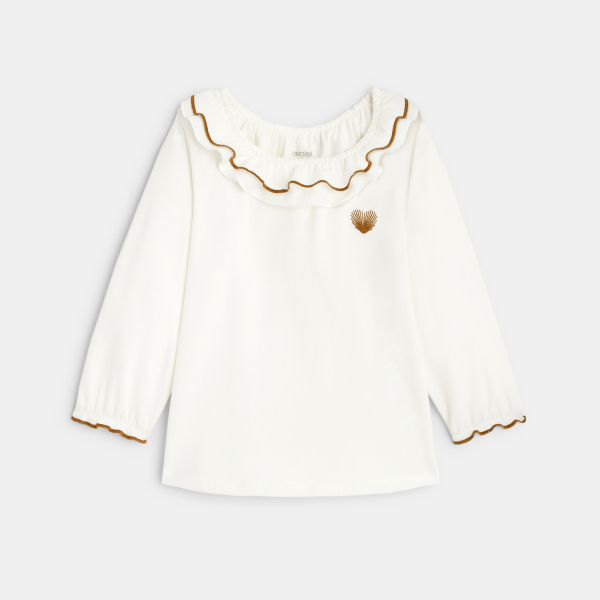 تيشيرت أبيض بياقة متموجة للفتيات الصغيرات